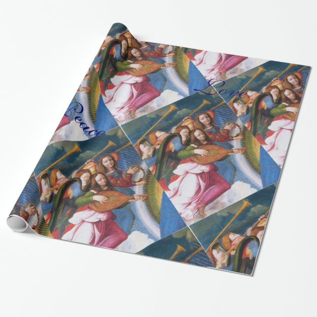 THREE ANGELS IN BLUE  CHRISTMAS JOY PEACE LOVE WRAPPING PAPER (Unrolled)