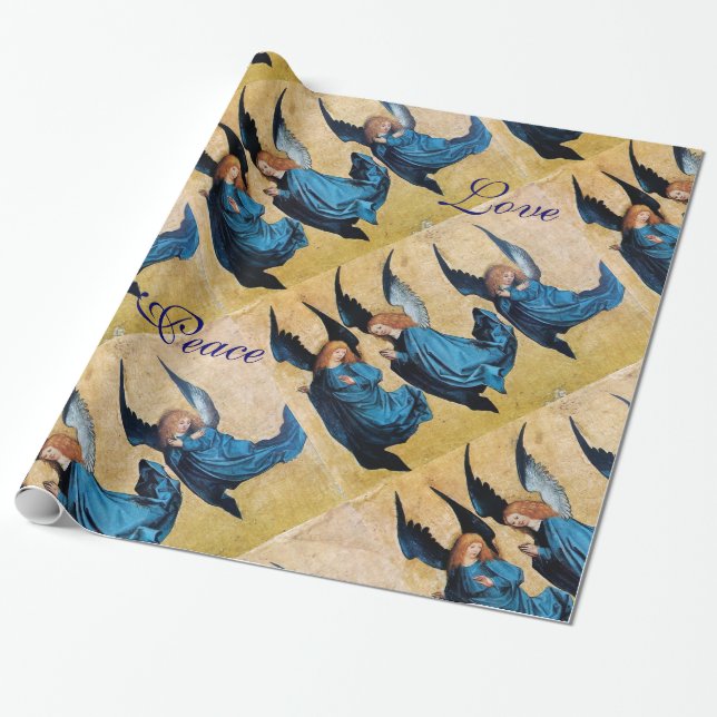 THREE ANGELS IN BLUE  CHRISTMAS JOY PEACE LOVE WRAPPING PAPER (Unrolled)