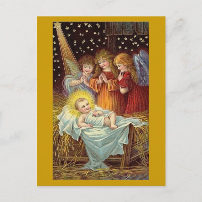 THREE ANGELS WITH BABY JESUS GOLD HOLIDAY POSTCARD (Front)