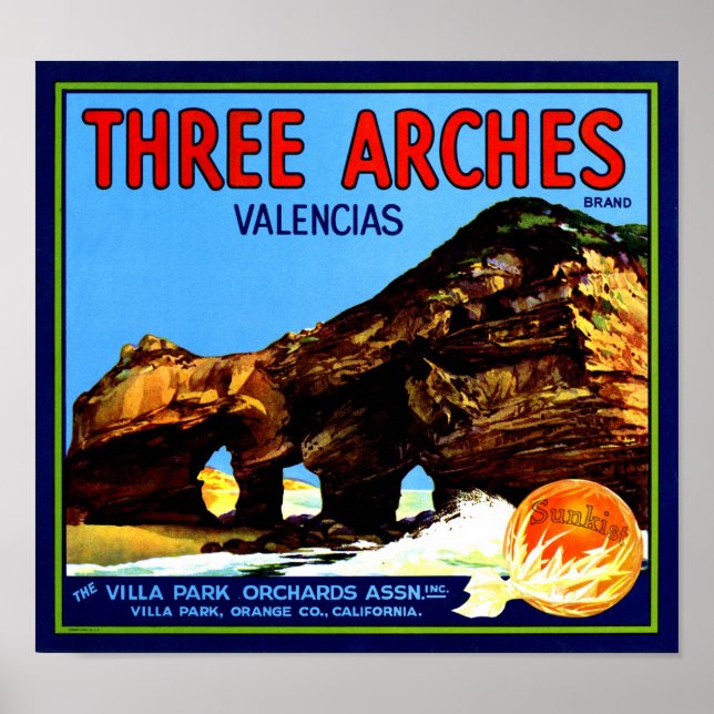 Three Arches Valencia Oranges Fruit Crate Label Poster (Front)
