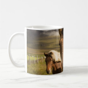 THREE ASSORTED-COLOR HORSES RUNNING AWAY FROM A MO COFFEE MUG