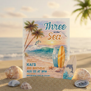 Three at the Sea Retro Surf Beach 3rd Birthday Invitation