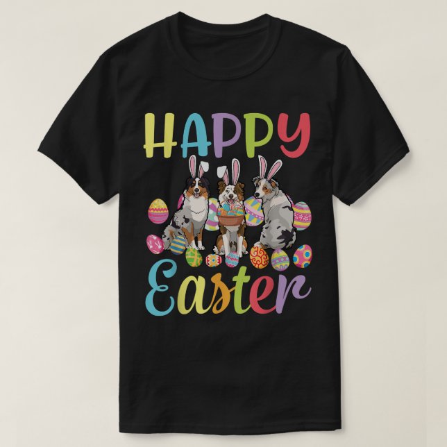 Three Australian Shepherd Dogs Eggs Basket Happy E T-Shirt (Design Front)