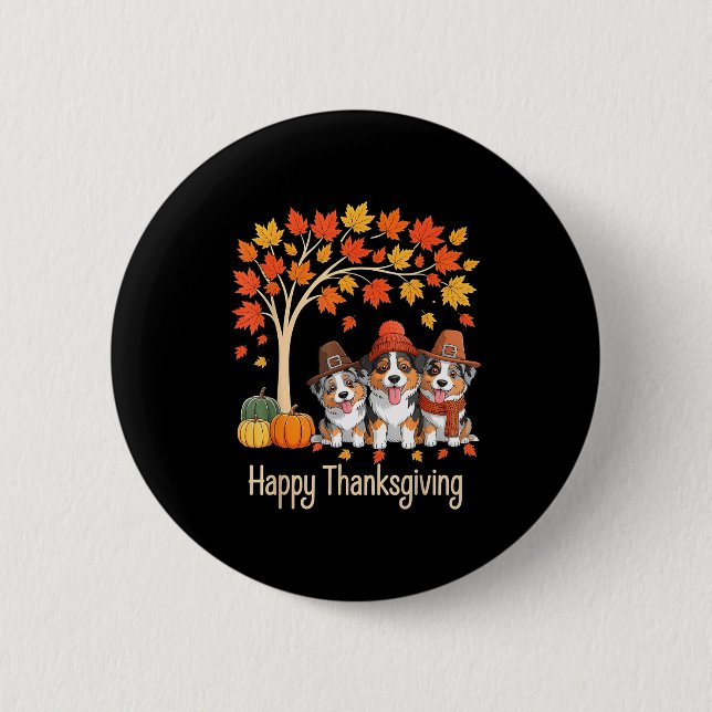 Three Australian Shepherd Dogs Fall Tree Happy Tha 6 Cm Round Badge (Front)