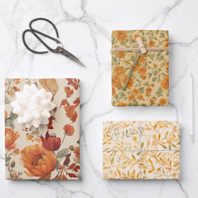 Three Autumn Floral Prints Wrapping Paper Sheet (Front)