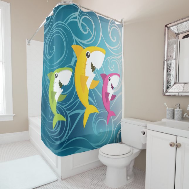 Three Baby Sharks Shower Curtain (In Situ)