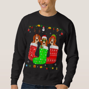 Three Basset Hound Dog In Christmas Socks Matching Sweatshirt