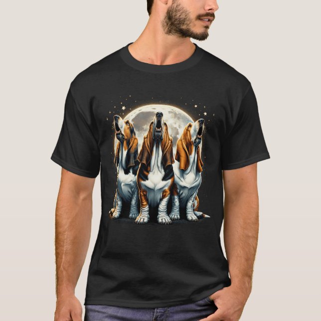 Three Basset Hounds Howling at Moon Like Three T-Shirt (Front)