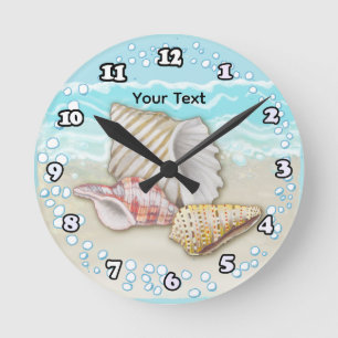 Three Beach Seashells Round Clock