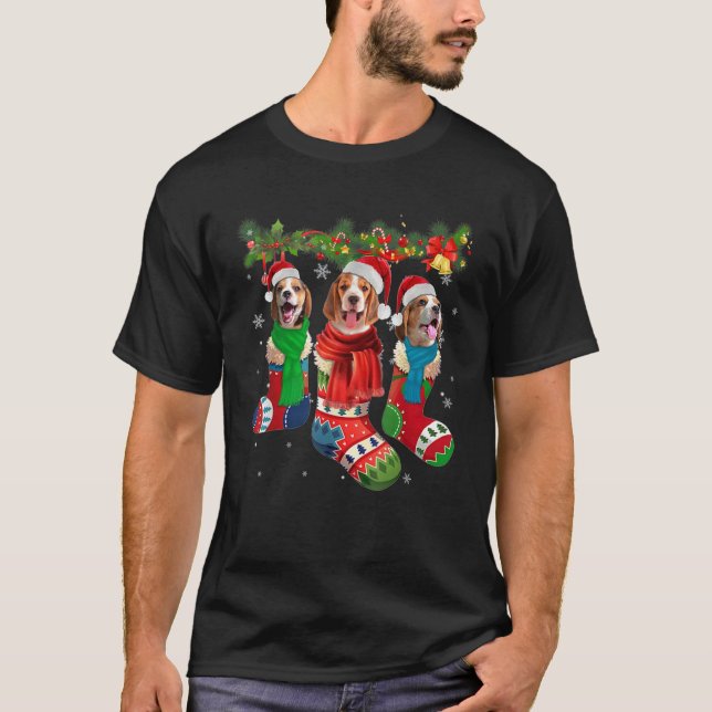 Three Beagle Christmas Sock Scarf Santa Xmas Lover T-Shirt (Front)