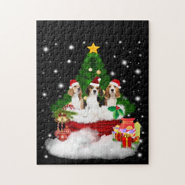 Three Beagles Santa Claus With Christmas Tree Jigsaw Puzzle (Vertical)