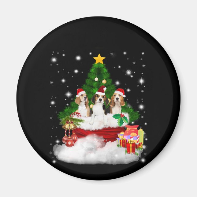 Three Beagles Santa Claus With Christmas Tree Magnet (Front)