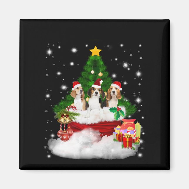 Three Beagles Santa Claus With Christmas Tree Magnet (Front)