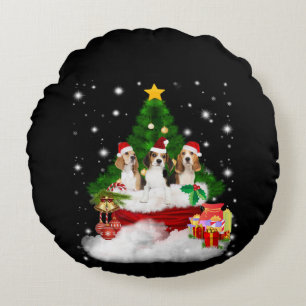 Three Beagles Santa Claus With Christmas Tree Round Cushion