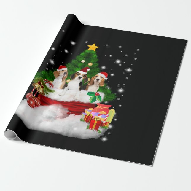 Three Beagles Santa Claus With Christmas Tree Wrapping Paper (Unrolled)