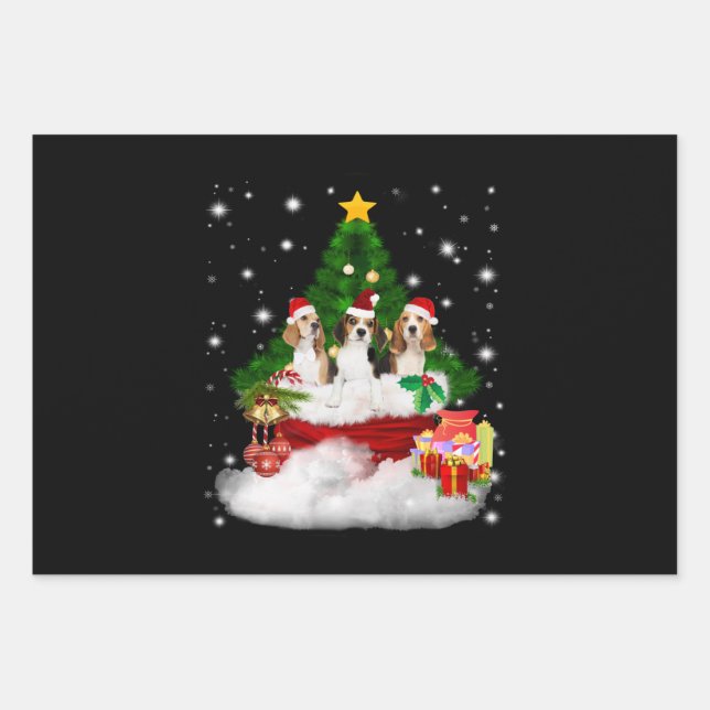 Three Beagles Santa Claus With Christmas Tree Wrapping Paper Sheet (Front)