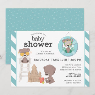 Three Bears on the Beach Boy Baby Shower Invitation