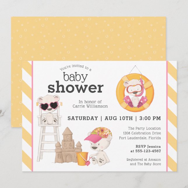 Three Bears on the Beach Girl Baby Shower Invitation (Front/Back)