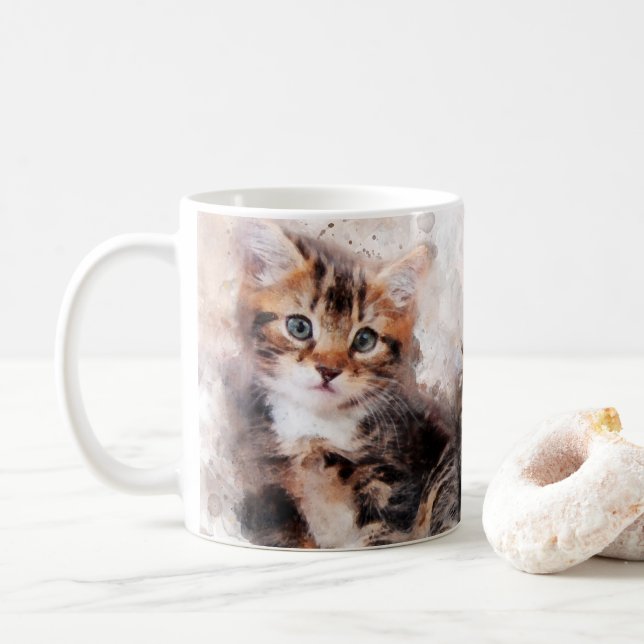 Three beautiful and cute kittens watercolor coffee mug (With Donut)