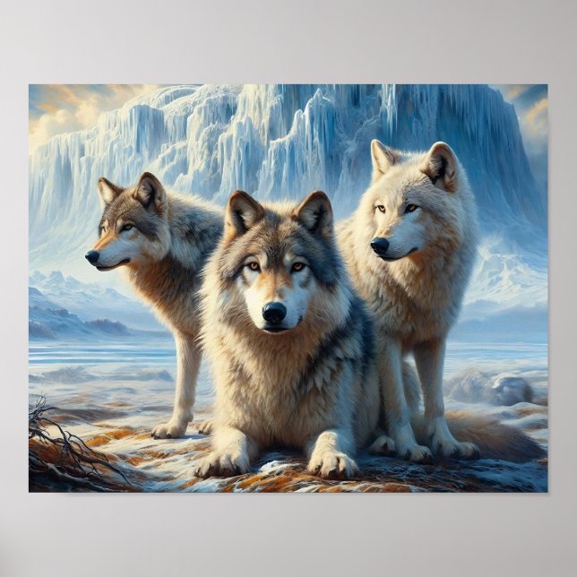 Three beautiful Arctic wolves in Glacier Tundra Poster (Front)