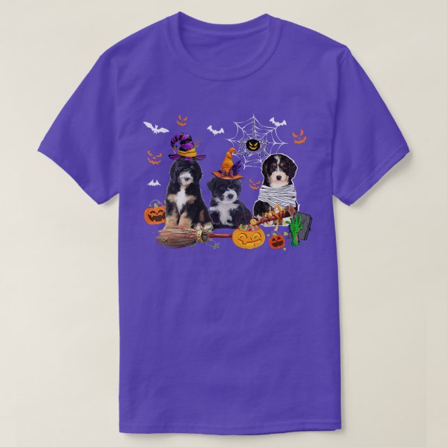 Three Bernedoodle Dogs Witch Halloween Mummy Scary T-Shirt (Design Front)