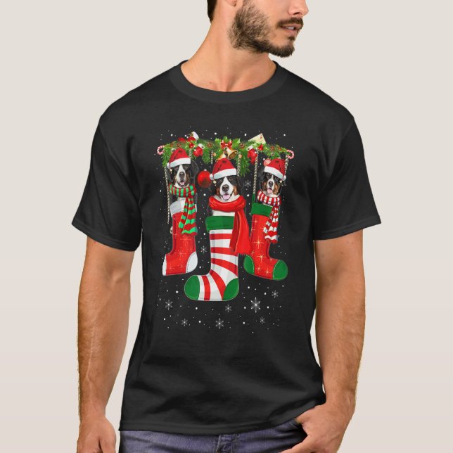 Three Bernese Mountain Dog In Christmas Sock T-Shirt (Front)