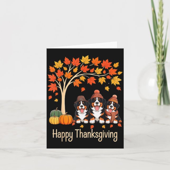 Three Bernese Mountain Dogs Fall Tree Happy Thanks Card (Front)