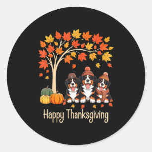 Three Bernese Mountain Dogs Fall Tree Happy Thanks Classic Round Sticker