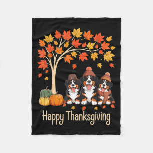Three Bernese Mountain Dogs Fall Tree Happy Thanks Fleece Blanket