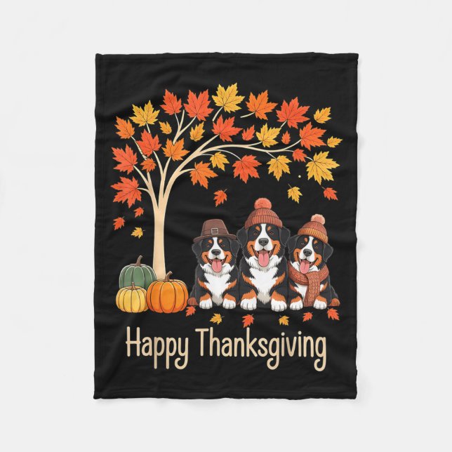 Three Bernese Mountain Dogs Fall Tree Happy Thanks Fleece Blanket (Front)