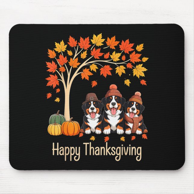 Three Bernese Mountain Dogs Fall Tree Happy Thanks Mouse Mat (Front)