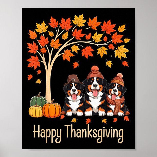 Three Bernese Mountain Dogs Fall Tree Happy Thanks Poster (Front)
