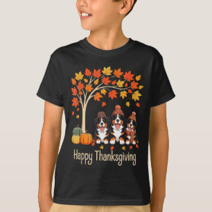 Three Bernese Mountain Dogs Fall Tree Happy Thanks T-Shirt