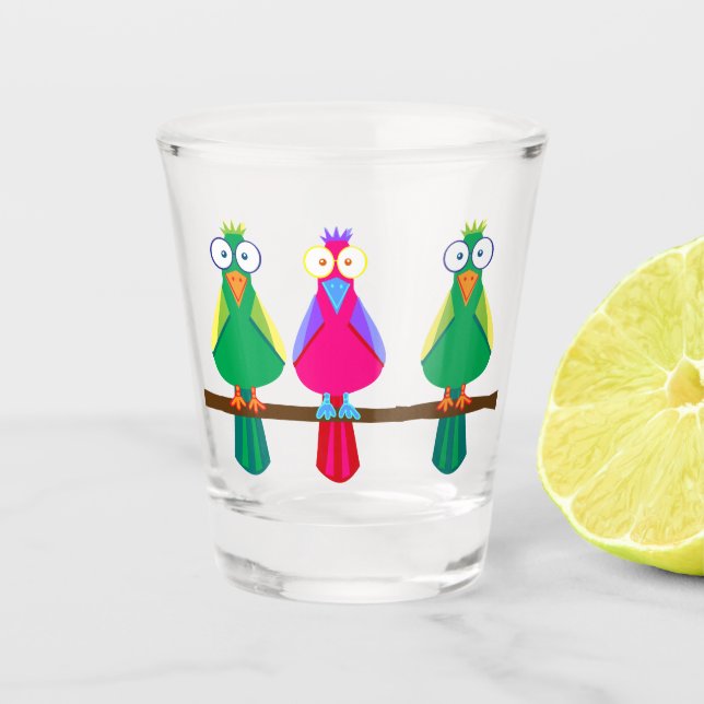 Three big-eye cartoon parrots shot glass (Front)
