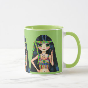 Three Big Eye Hippie Girls Flashing Peace Sign Mug