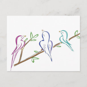 Three birds sitting on a branch postcard