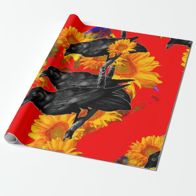 THREE BLACK BIRDS IN SUNFLOWER FIELDS WRAPPING PAPER (Unrolled)