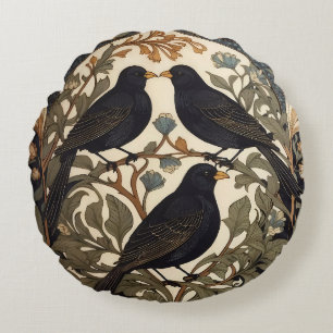 Three Black Birds William Morris Inspired  Round Cushion
