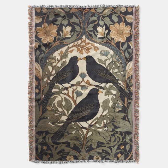 Three Black Birds William Morris Inspired  Throw Blanket (Front Vertical)