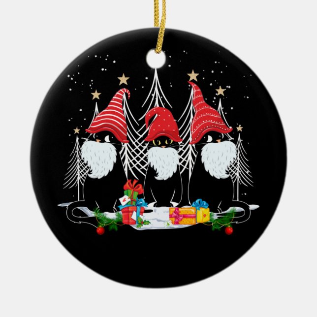 Three Black Cat Gnomes Christmas Kitten Santa Ceramic Tree Decoration (Front)