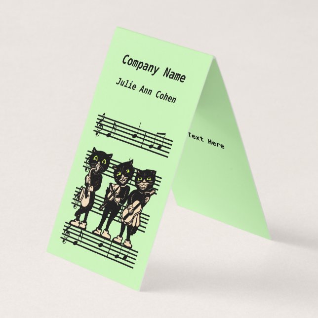 Three Black Cat Musician Sheet Music Green Business Card (Front)