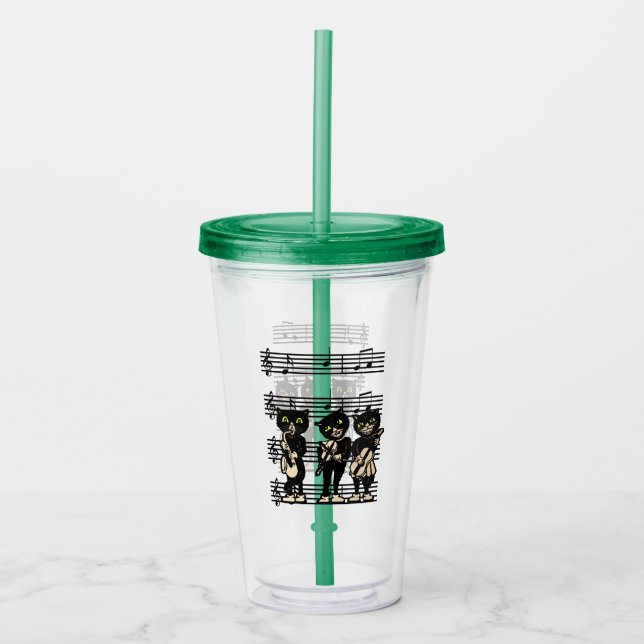 Three Black Cat Musicians Green Eyes Music Notes Acrylic Tumbler (Front)