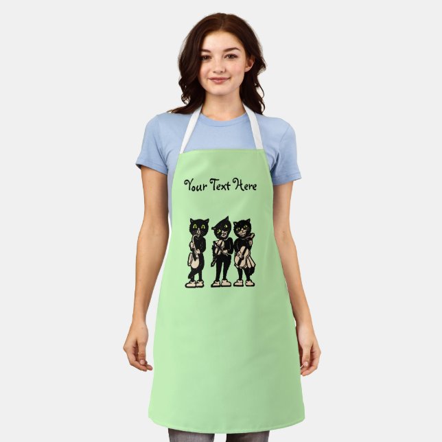Three Black Cat Musicians Music Instruments Green Apron (Worn)