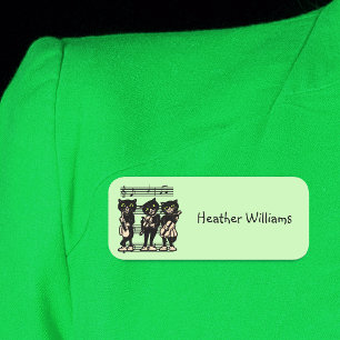 Three Black Cat Musicians Music Notes Light Green Name Tag