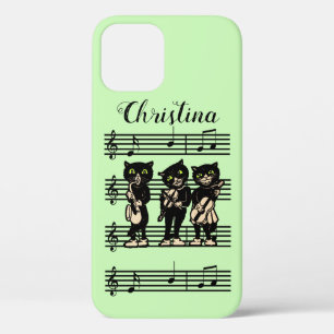 Three Black Cat Musicians on Sheet Music Green iPhone 12 Case