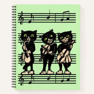 Three Black Cat Musicians on Sheet Music Green Notebook