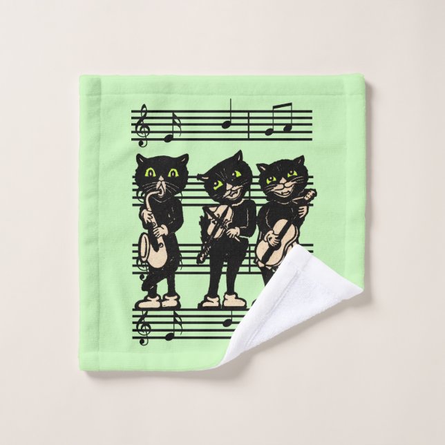 Three Black Cat Musicians Sheet of Notes Green Wash Cloth (Wash Cloth)