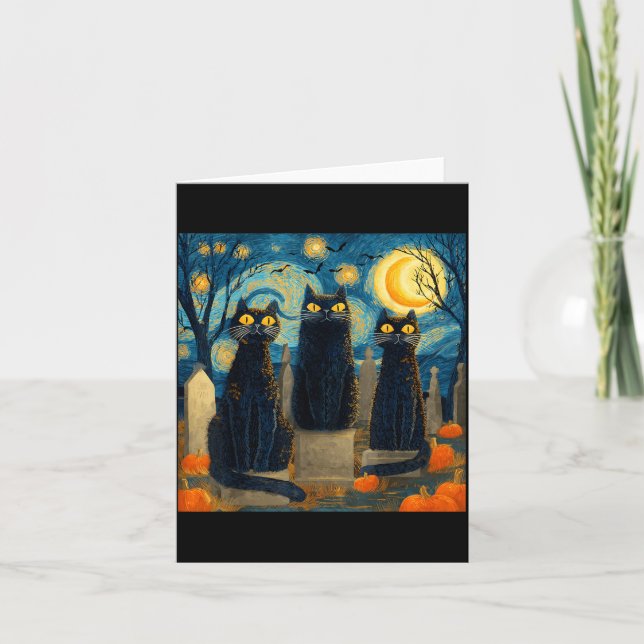 Three Black Cat Starry Night Van Gogh Pumpkins Card (Front)