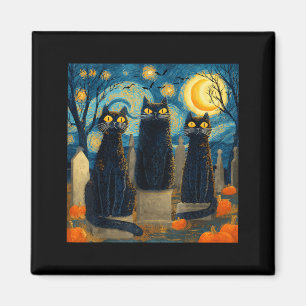 Three Black Cat Starry Night Van Gogh Pumpkins Magnet