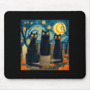 Three Black Cat Starry Night Van Gogh Pumpkins Mouse Mat